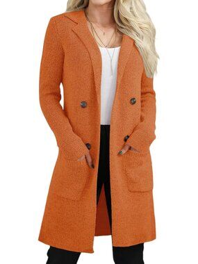 Women's Orange Long Knit Cardigan Coatigan Open Front Lapel Button Pocket Sweate